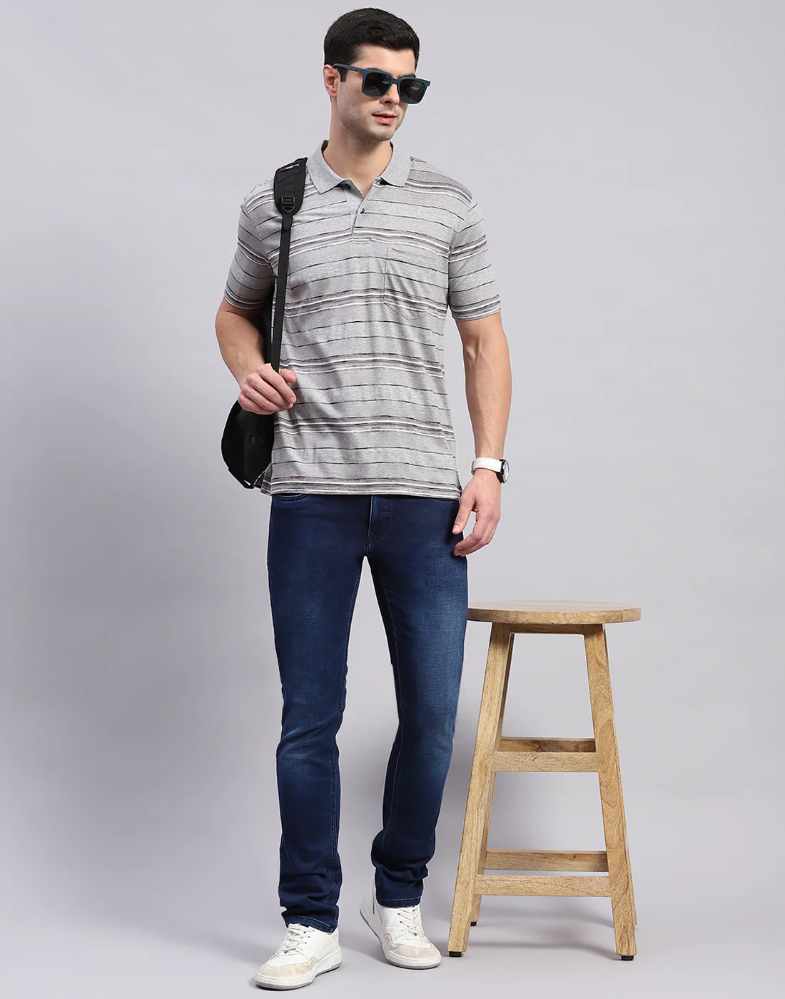 Men Grey Stripe Polo Collar Half Sleeve T-Shirt - Image 2
