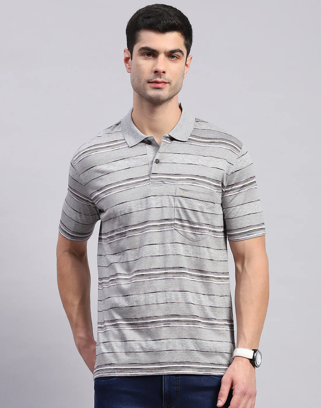 Men Grey Stripe Polo Collar Half Sleeve T-Shirt - Image 3