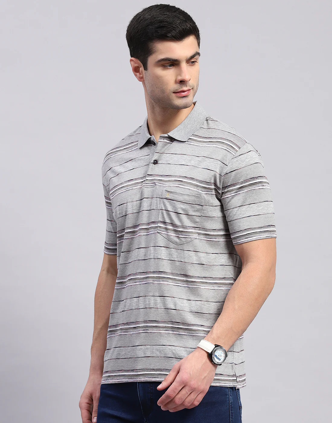 Men Grey Stripe Polo Collar Half Sleeve T-Shirt - Image 4