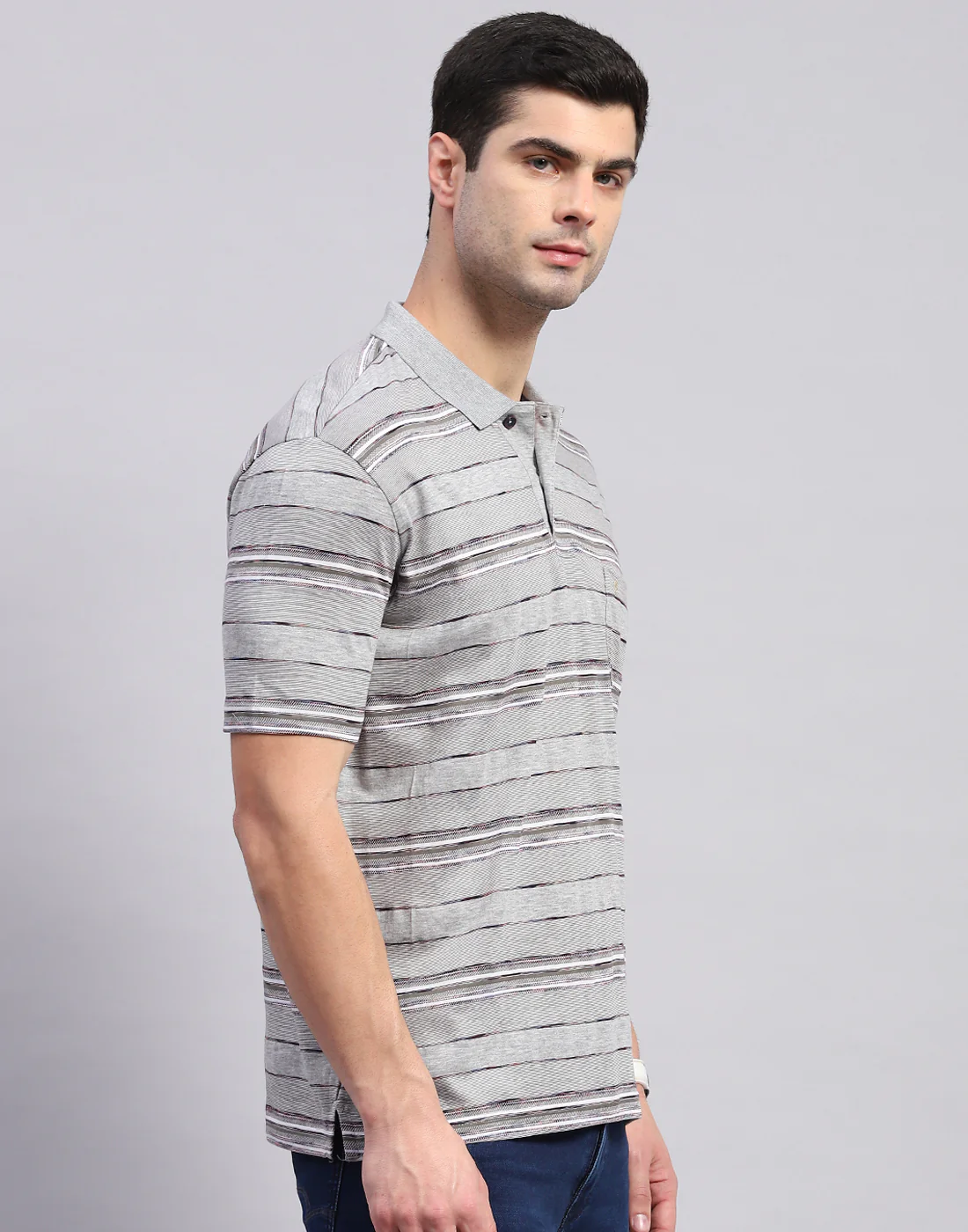 Men Grey Stripe Polo Collar Half Sleeve T-Shirt - Image 5