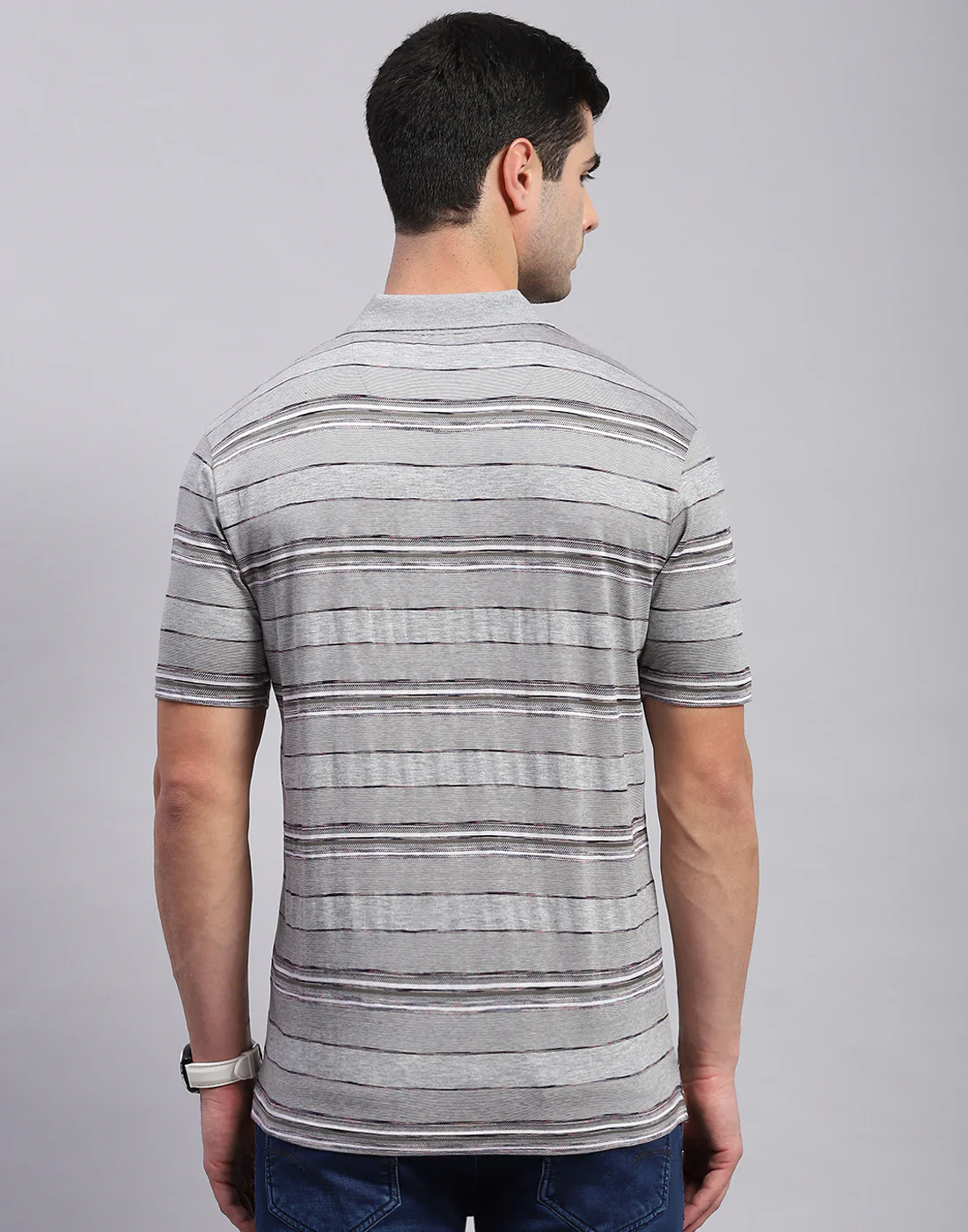 Men Grey Stripe Polo Collar Half Sleeve T-Shirt - Image 6