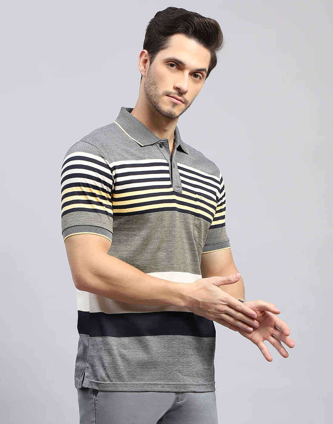 Men Grey Stripe Polo Collar Half Sleeve T-Shirt - Image 4