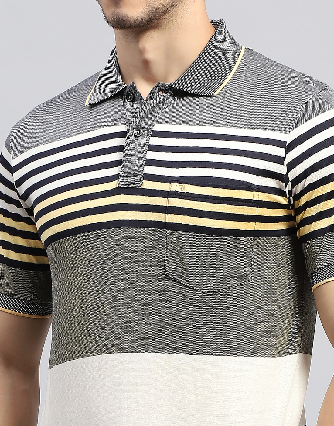 Men Grey Stripe Polo Collar Half Sleeve T-Shirt - Image 7