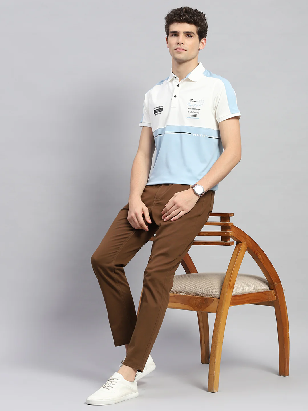 Men Blue Stripe Polo Collar Half Sleeve T-Shirt - Image 2