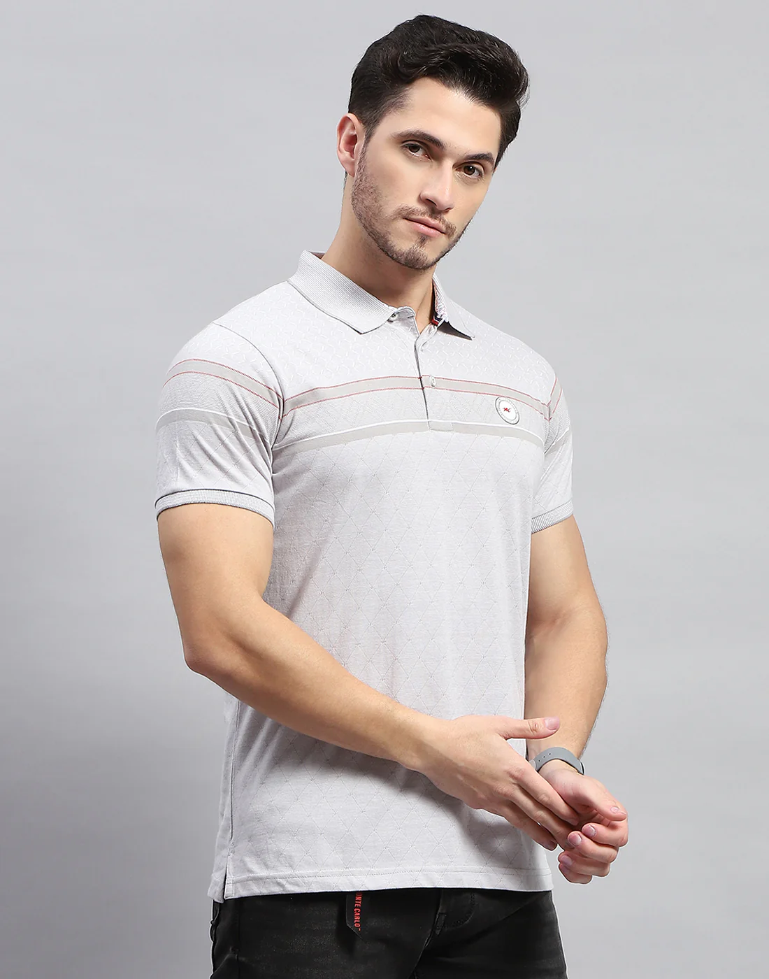 Men Grey Stripe Polo Collar Half Sleeve T-Shirt - Image 4