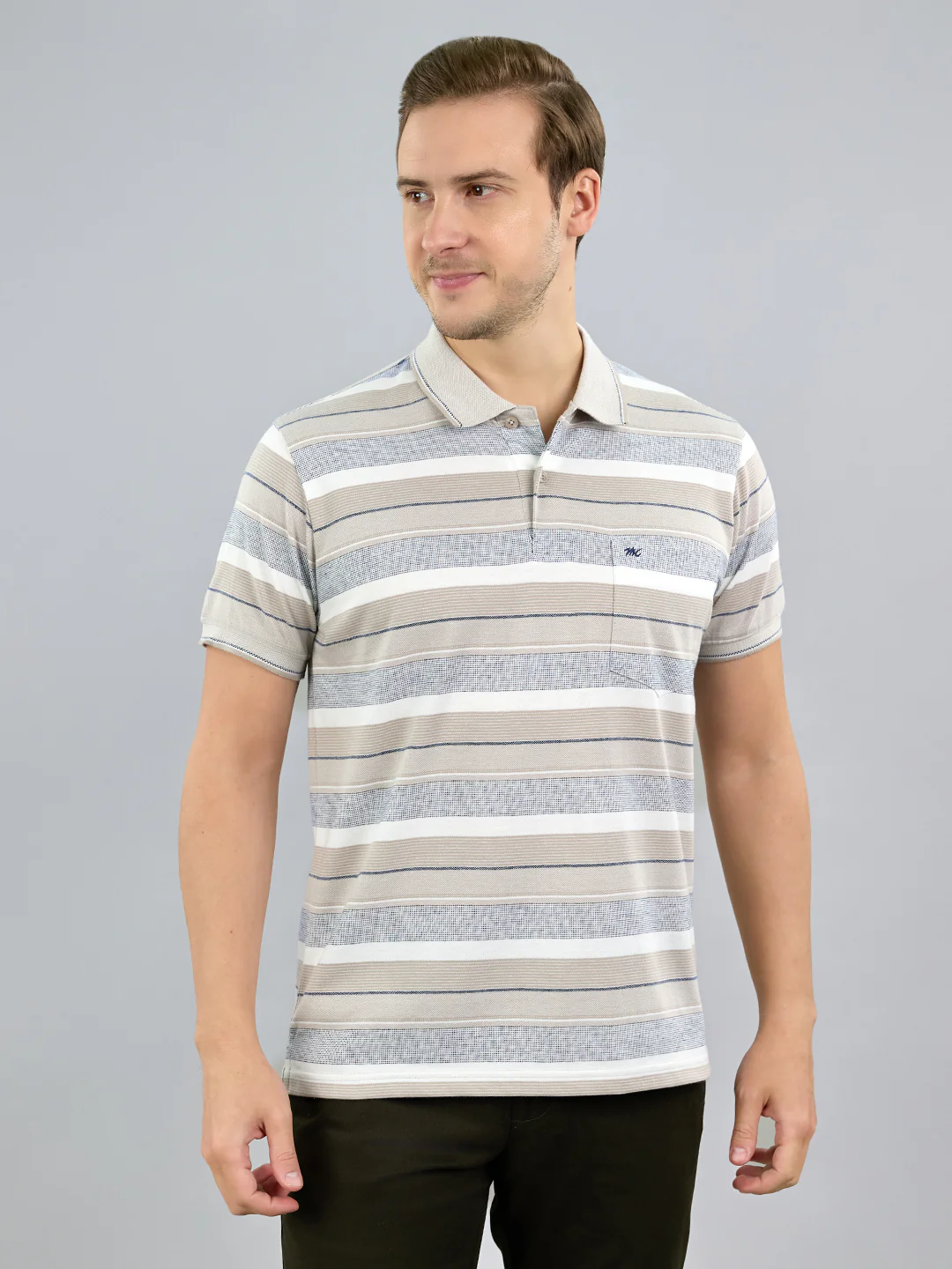 Men Grey Stripe Polo Collar Half Sleeve T-Shirt