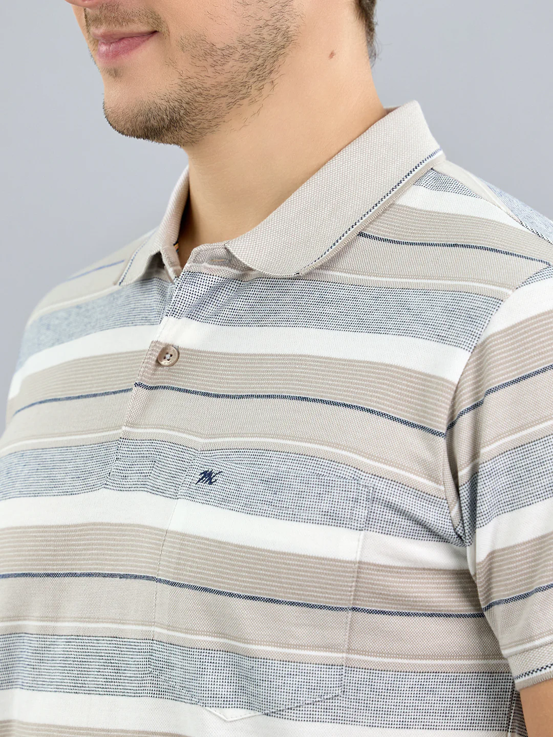 Men Grey Stripe Polo Collar Half Sleeve T-Shirt - Image 5