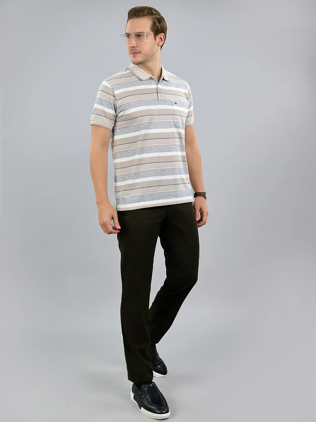 Men Grey Stripe Polo Collar Half Sleeve T-Shirt - Image 6