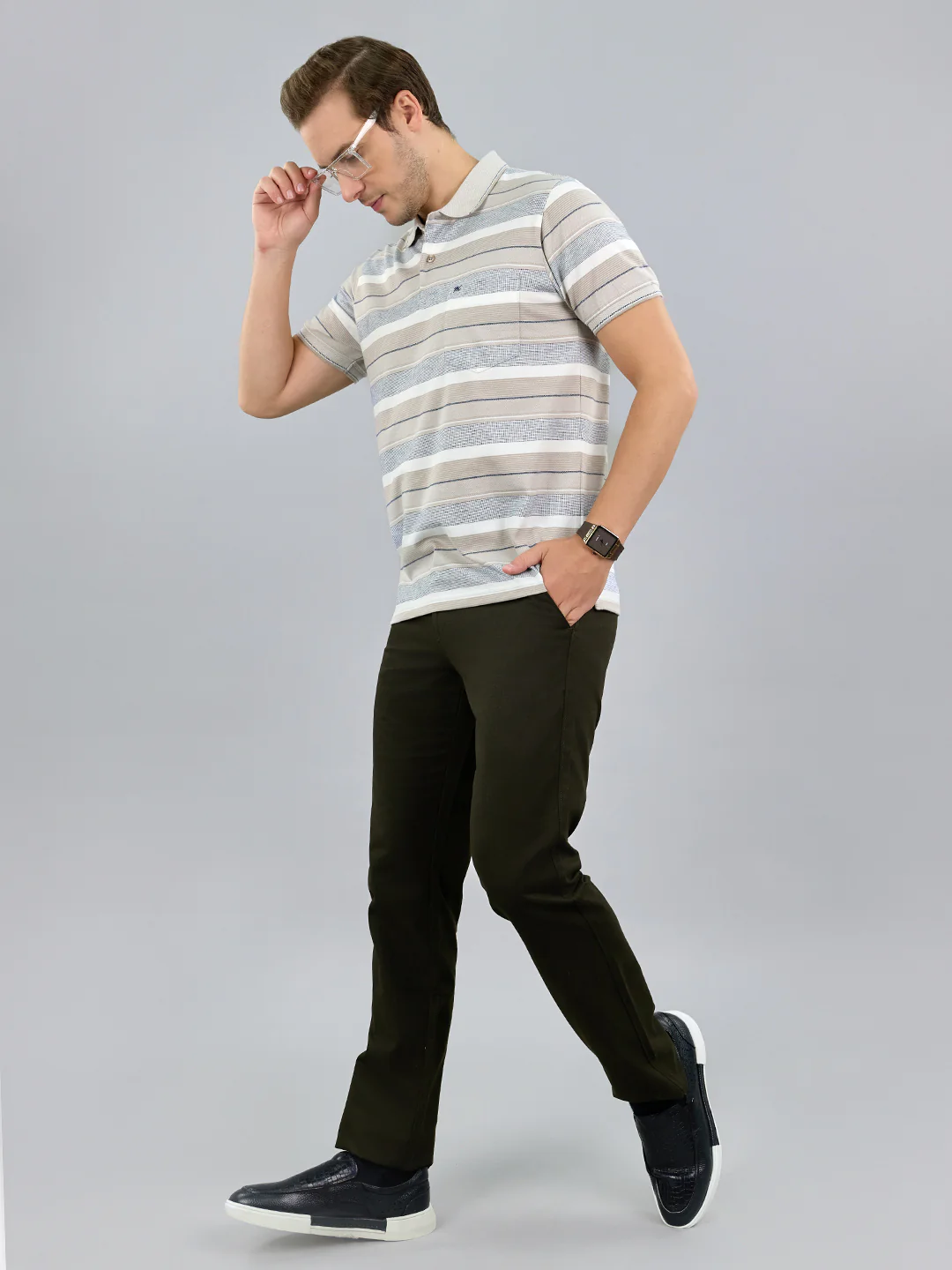 Men Grey Stripe Polo Collar Half Sleeve T-Shirt - Image 7