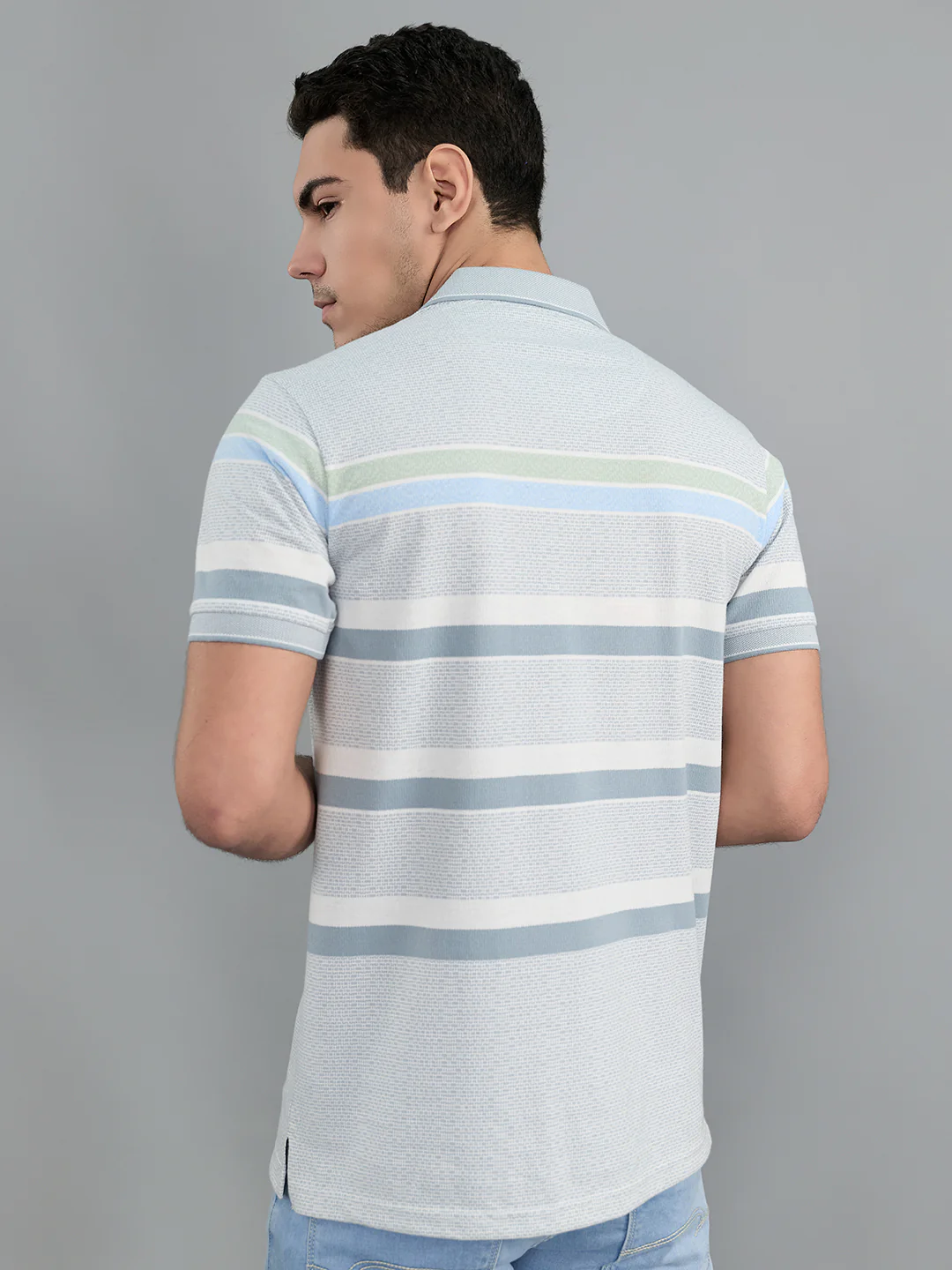 Men Grey Stripe Polo Collar Half Sleeve T-Shirt - Image 4