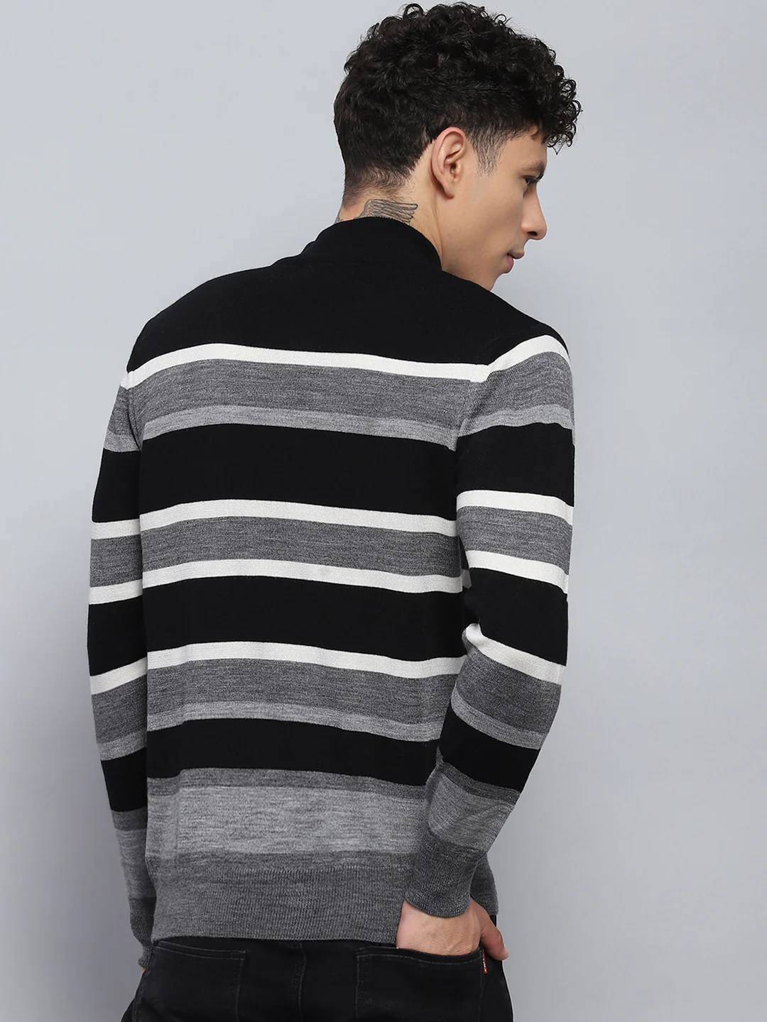 Men Grey Stripe Round Neck Full Sleeve Pullover - Image 5