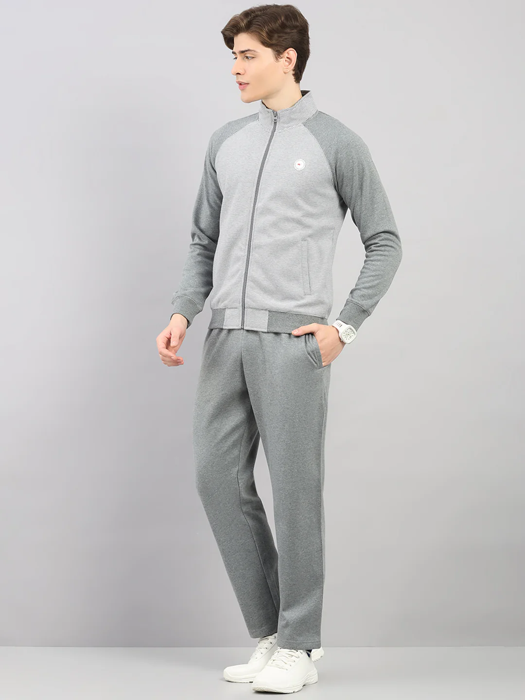 Men Grey Stripe Stand Collar Full Sleeve Winter Tracksuit - Image 3
