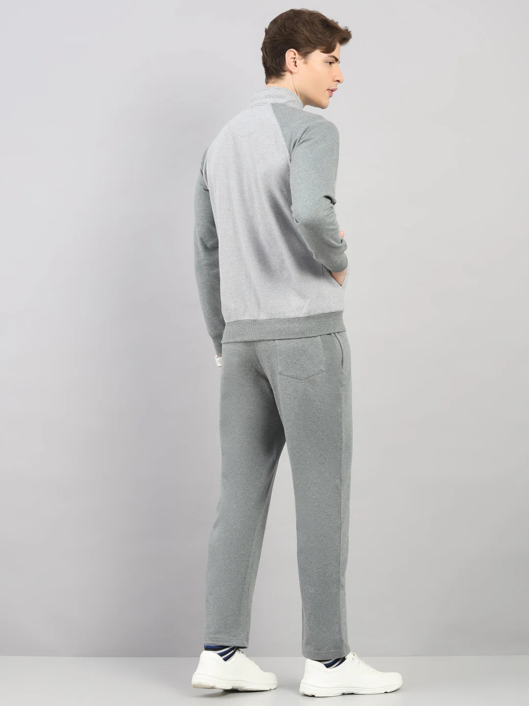 Men Grey Stripe Stand Collar Full Sleeve Winter Tracksuit - Image 5