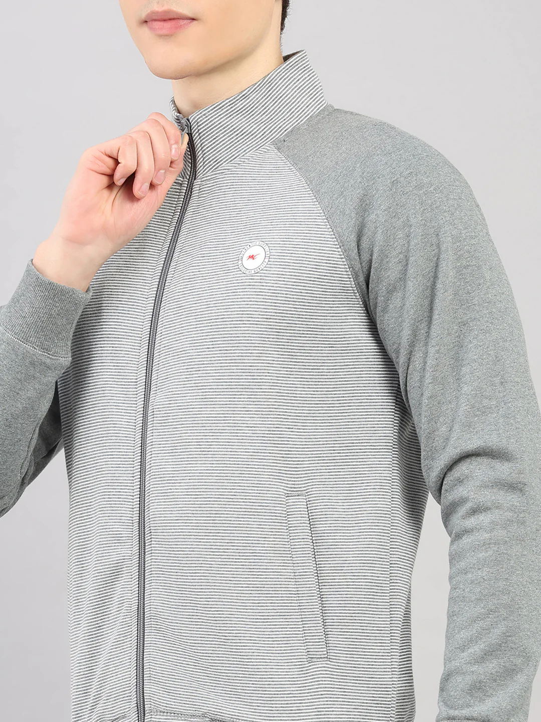 Men Grey Stripe Stand Collar Full Sleeve Winter Tracksuit - Image 6