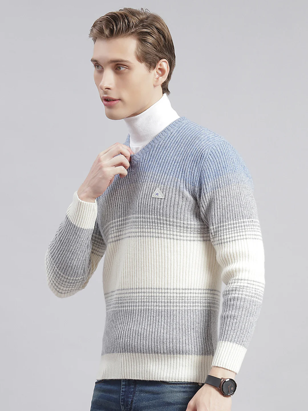 Men Grey Stripe V Neck Full Sleeve Sweaters/Pullovers - Image 4