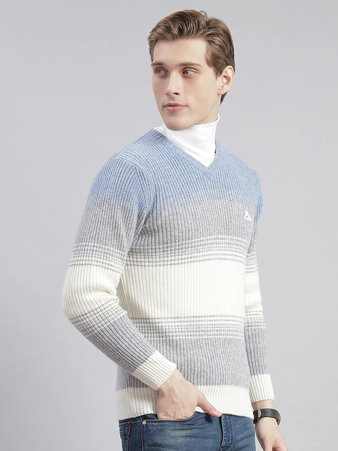 Men Grey Stripe V Neck Full Sleeve Sweaters/Pullovers - Image 5