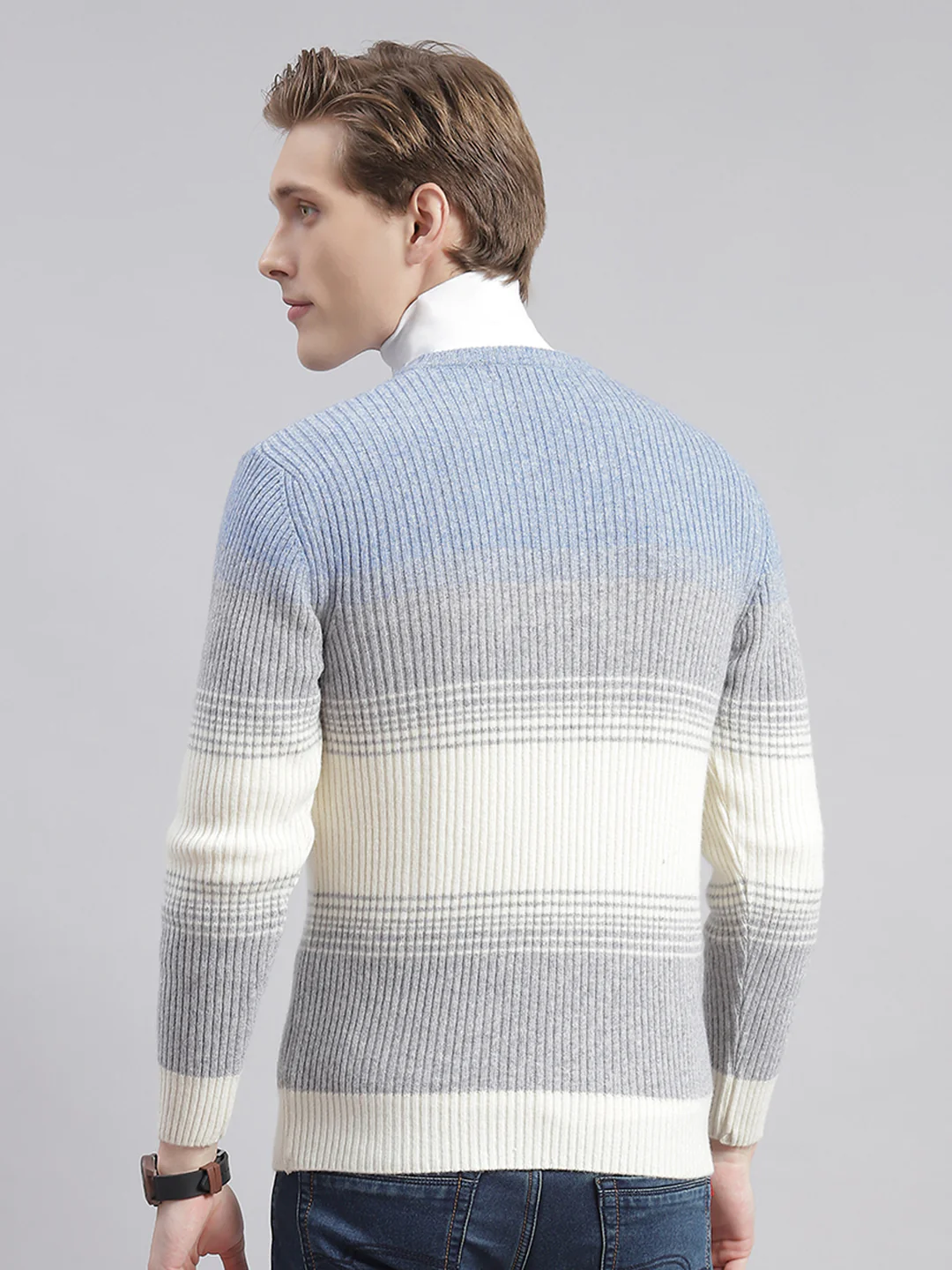 Men Grey Stripe V Neck Full Sleeve Sweaters/Pullovers - Image 6