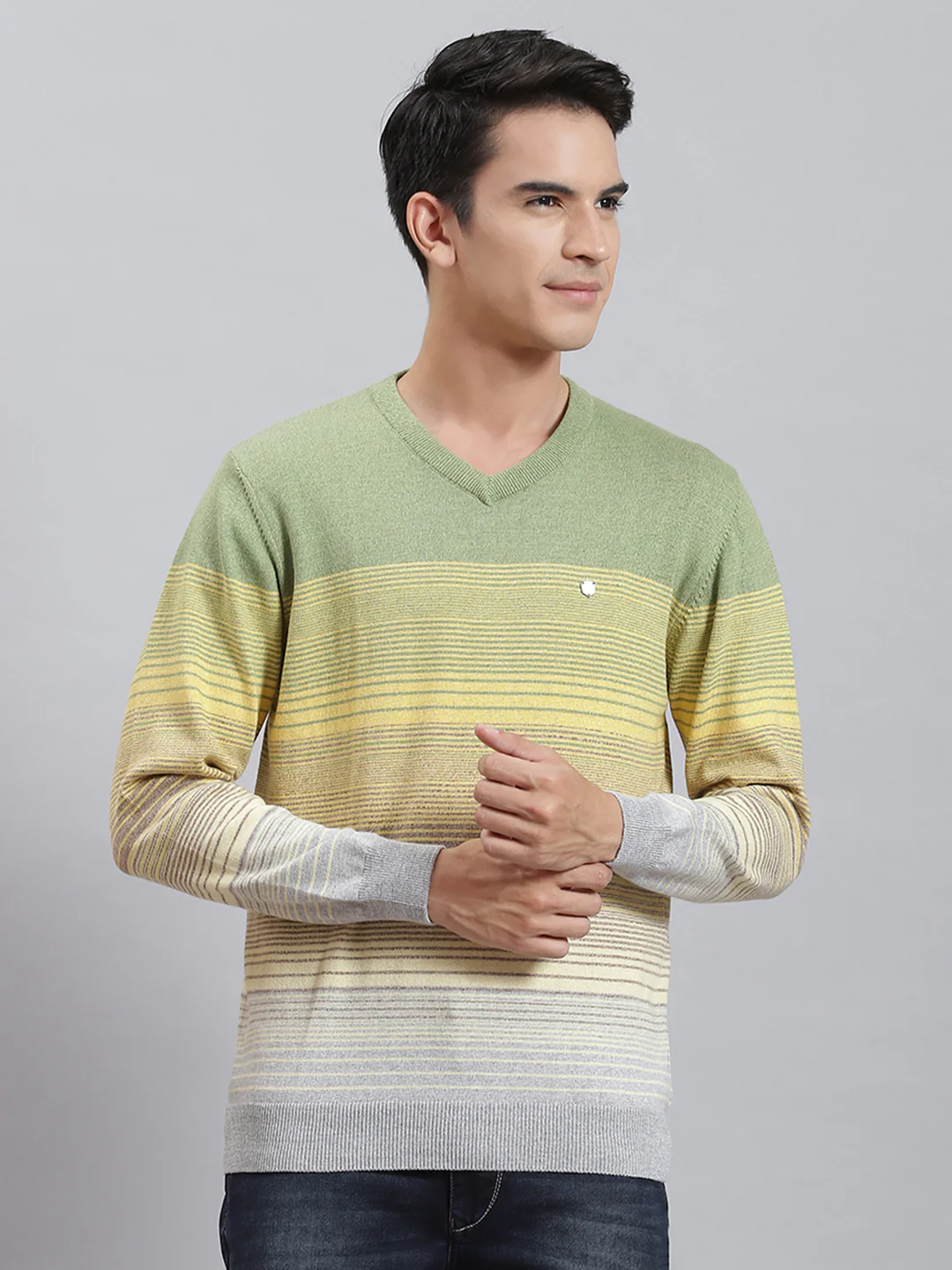 Men Grey Stripe V Neck Full Sleeve Sweaters/Pullovers - Image 2