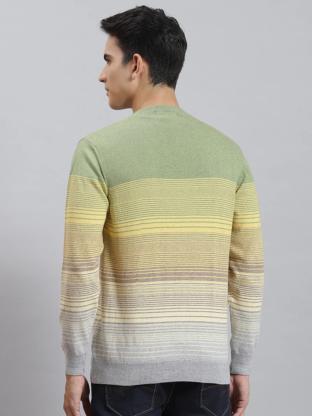Men Grey Stripe V Neck Full Sleeve Sweaters/Pullovers - Image 5