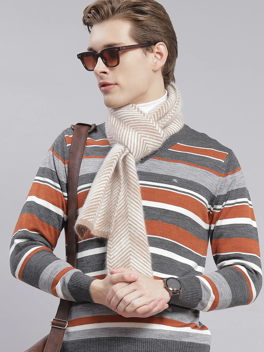 Men Grey Stripe V Neck Full Sleeve Sweaters/Pullovers - Image 2