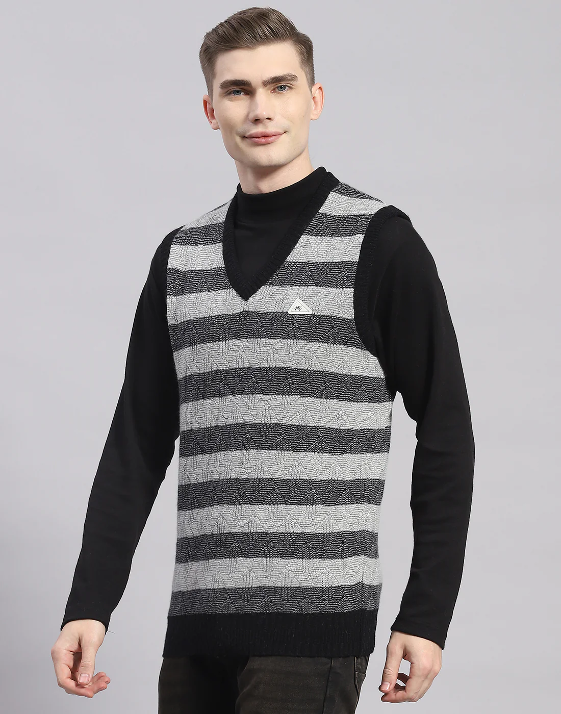 Men Grey Stripe V Neck Sleeveless Sweater - Image 3
