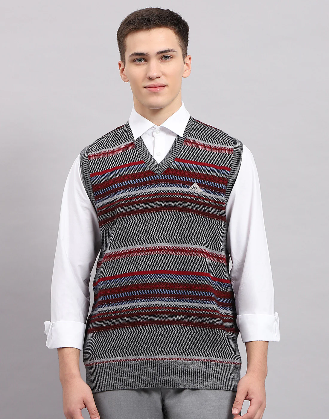 Men Grey Stripe V Neck Sleeveless Sweater - Image 2