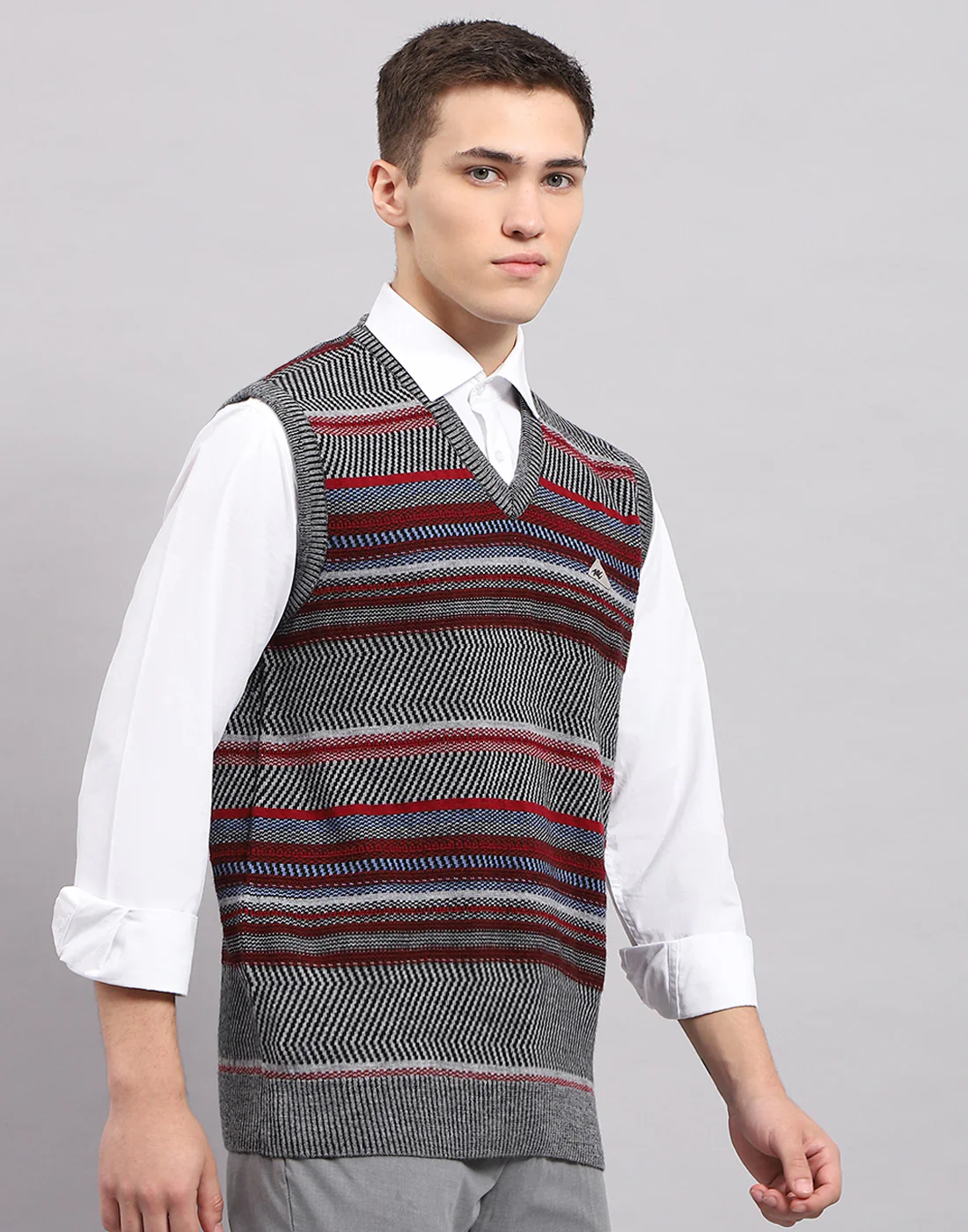 Men Grey Stripe V Neck Sleeveless Sweater - Image 4