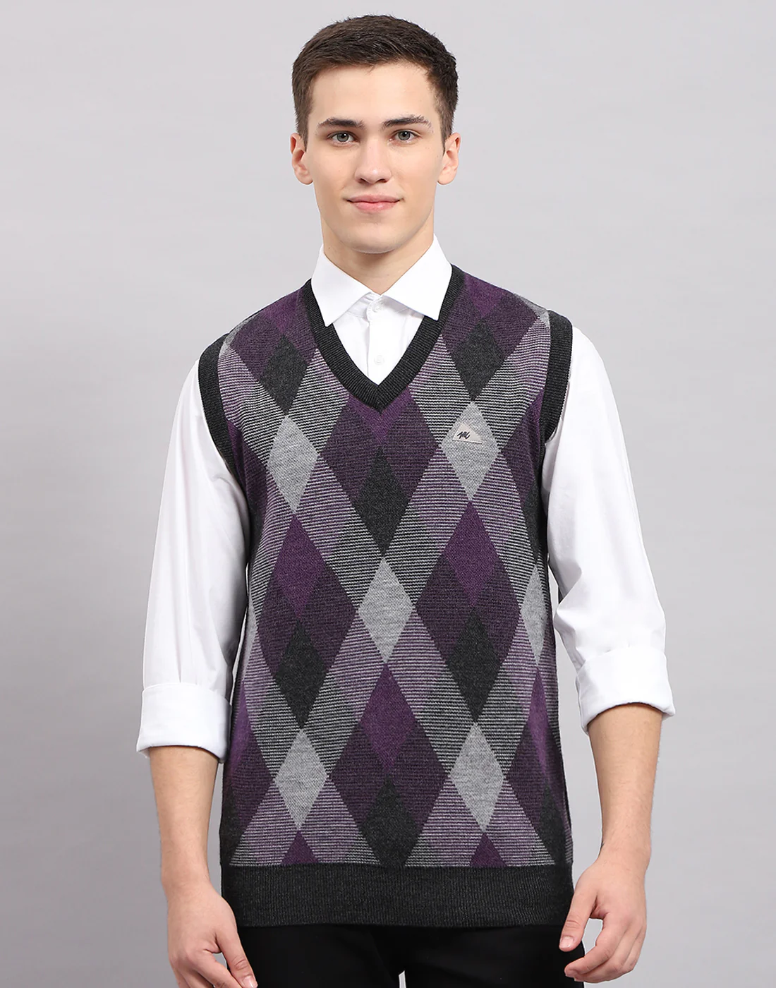 Men Grey Stripe V Neck Sleeveless Sweater - Image 2