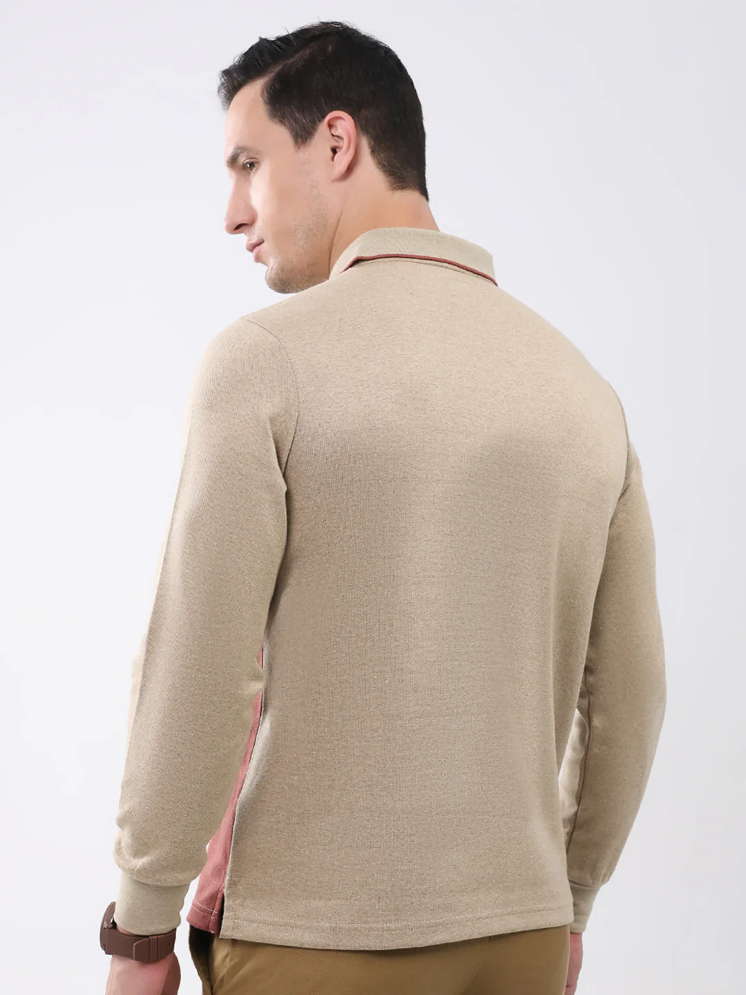 Men Khaki Abstract Collar Full Sleeve Winter T-Shirt - Image 5