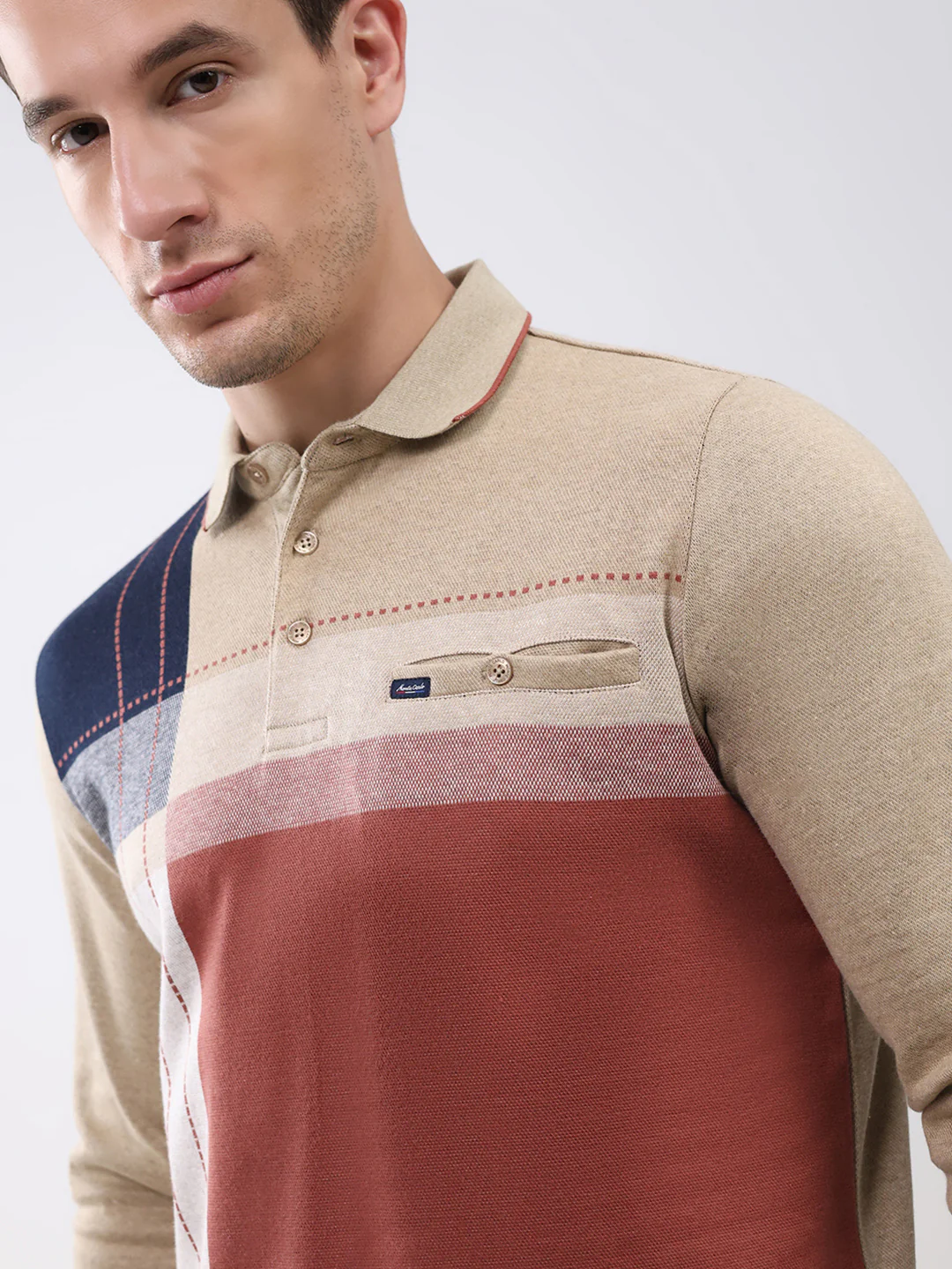 Men Khaki Abstract Collar Full Sleeve Winter T-Shirt - Image 6
