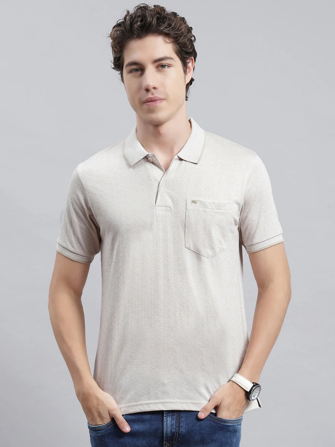 Men Khaki Jaquard T-Shirt - Image 2