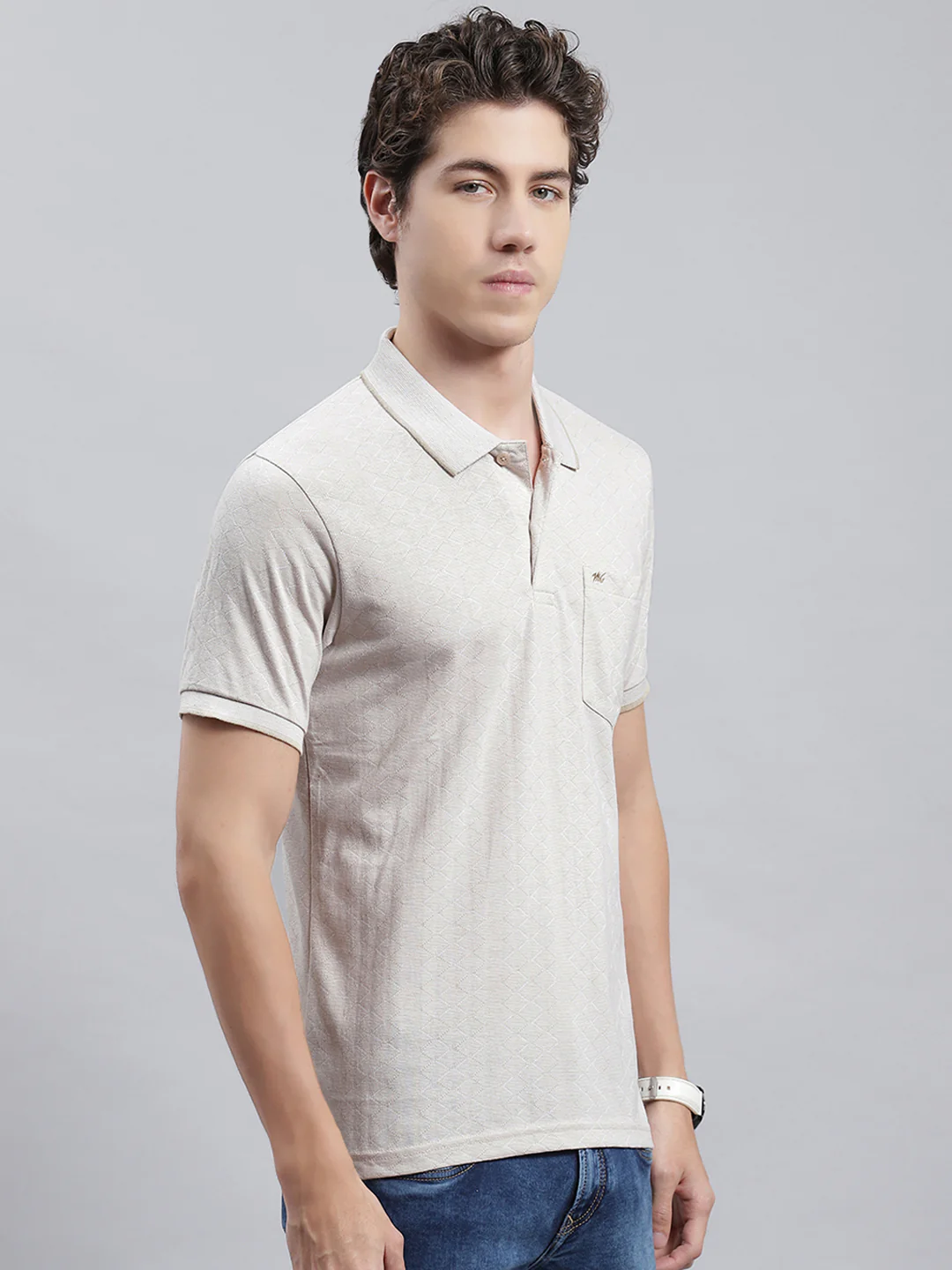Men Khaki Jaquard T-Shirt - Image 3