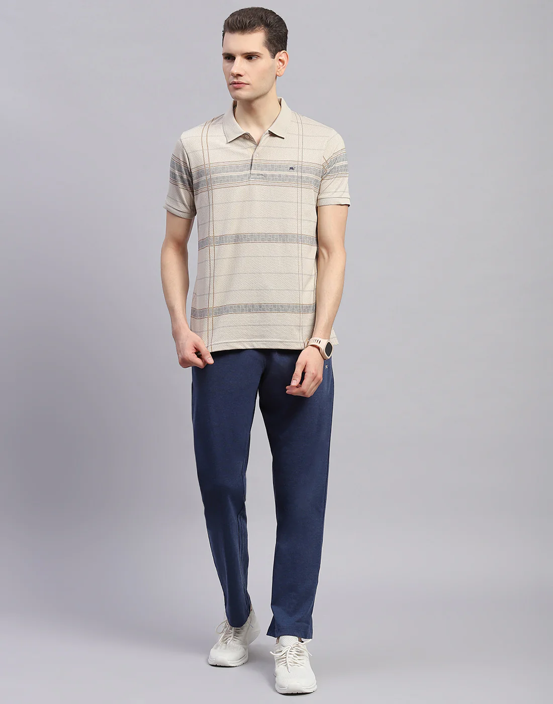 Men Khaki & Navy Blue Solid Polo Collar Half Sleeve Lower Set - Image 2