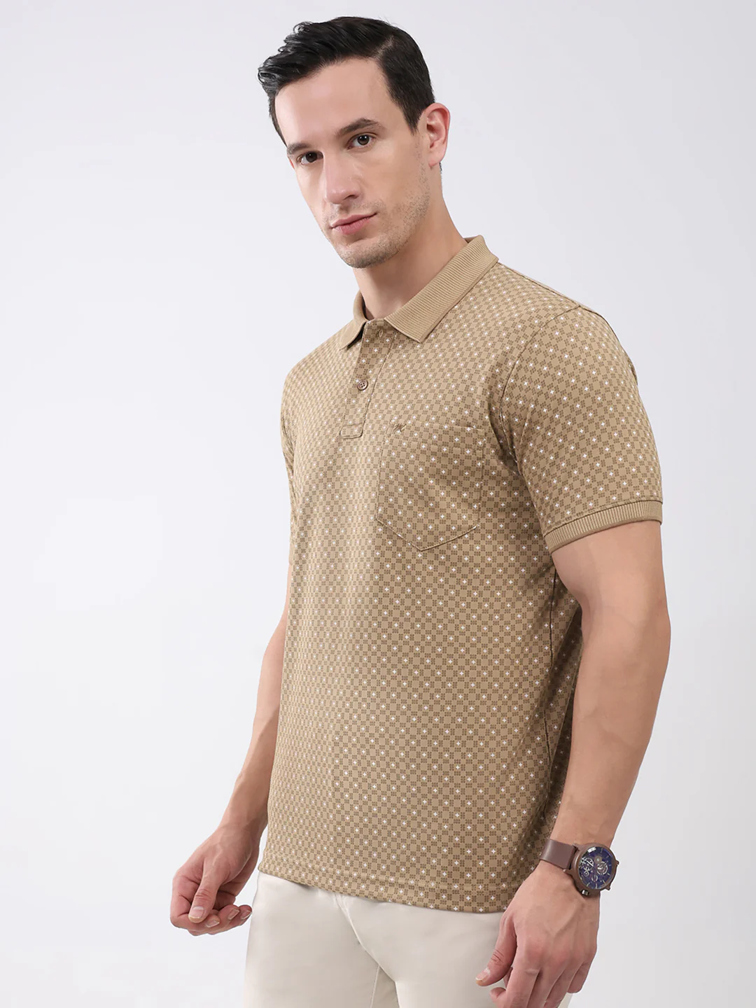 Men Khaki Printed Collar Half Sleeve T-Shirt - Image 3