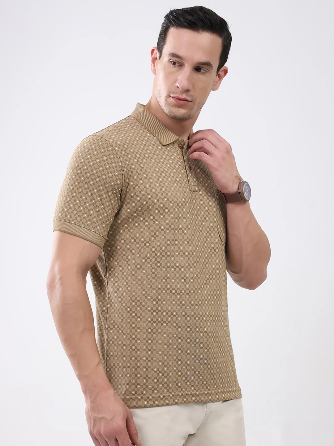 Men Khaki Printed Collar Half Sleeve T-Shirt - Image 4