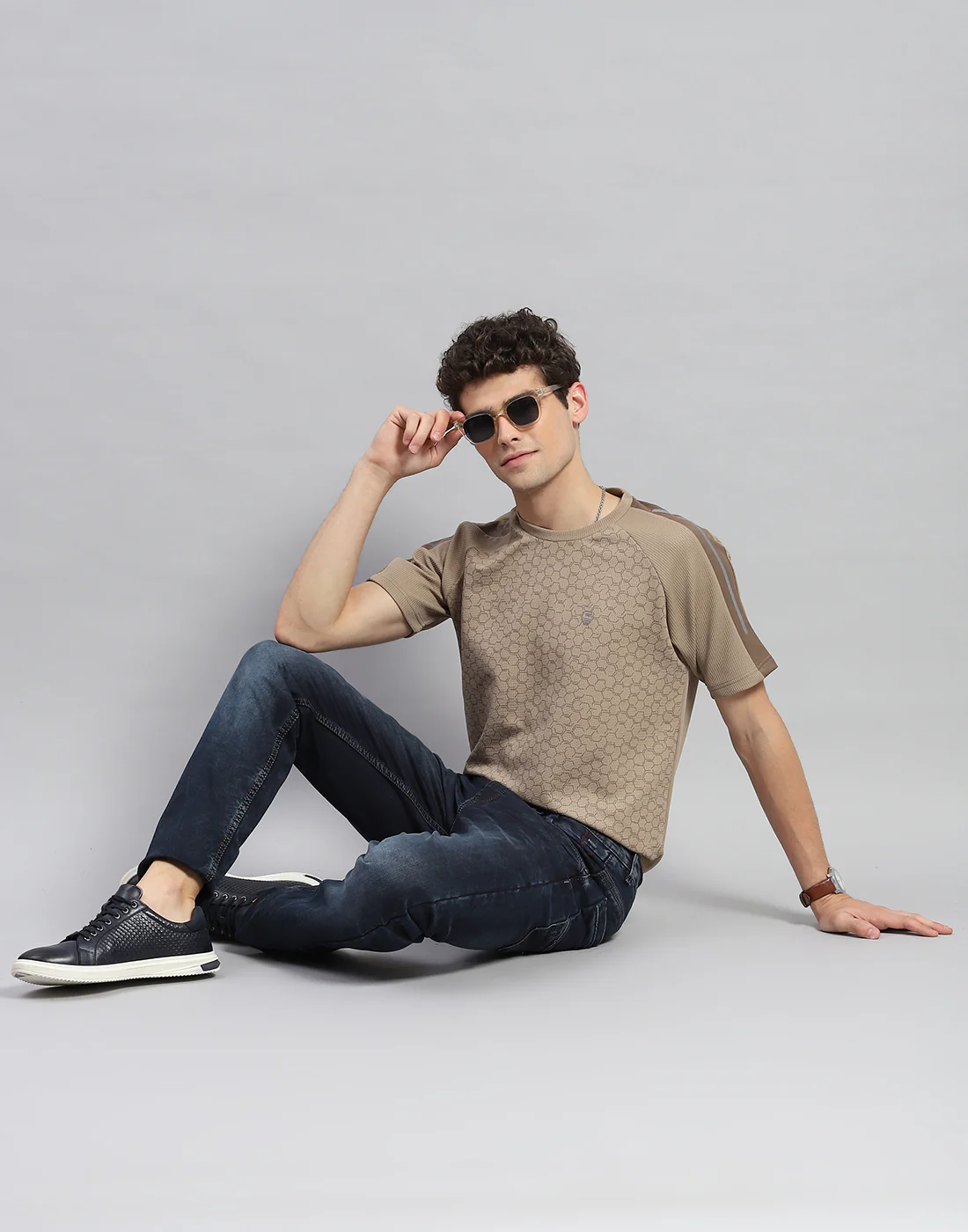 Men Khaki Printed Round Neck Half Sleeve T-Shirt - Image 2