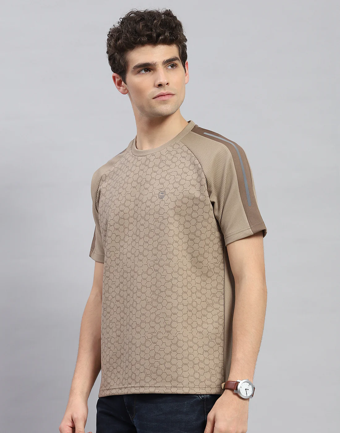 Men Khaki Printed Round Neck Half Sleeve T-Shirt - Image 3