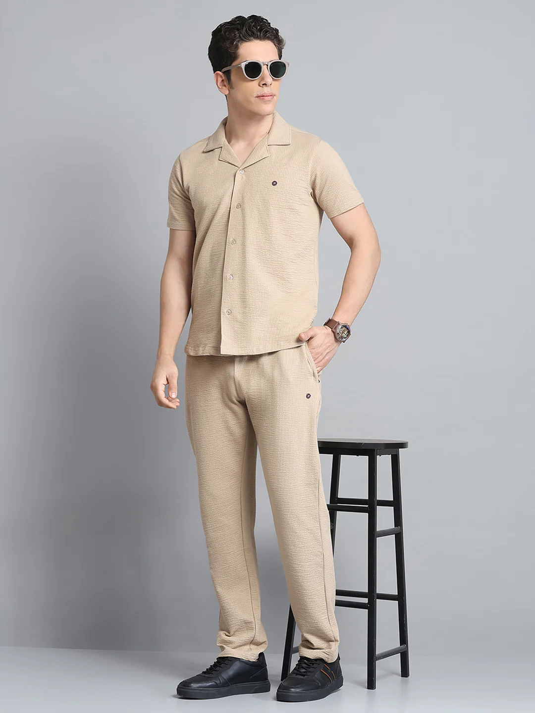 Men Khaki Self Design Collar Half Sleeve Lower Set - Image 2