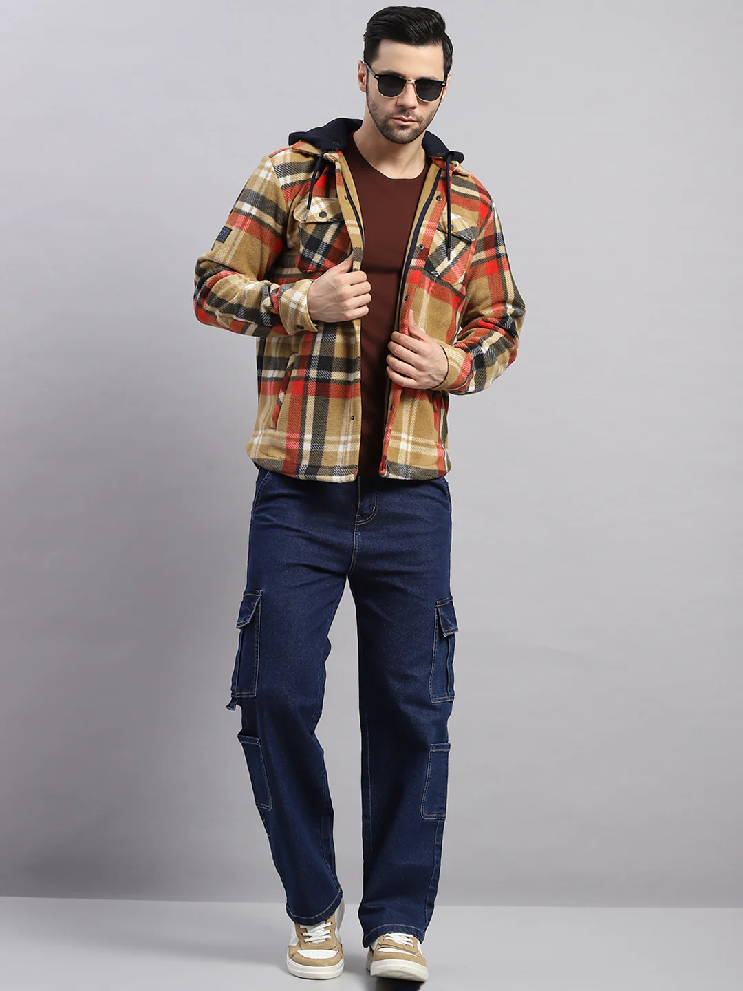 Men Khaki Self Design Hooded Extra-Warm Full Sleeve Shacket - Image 2
