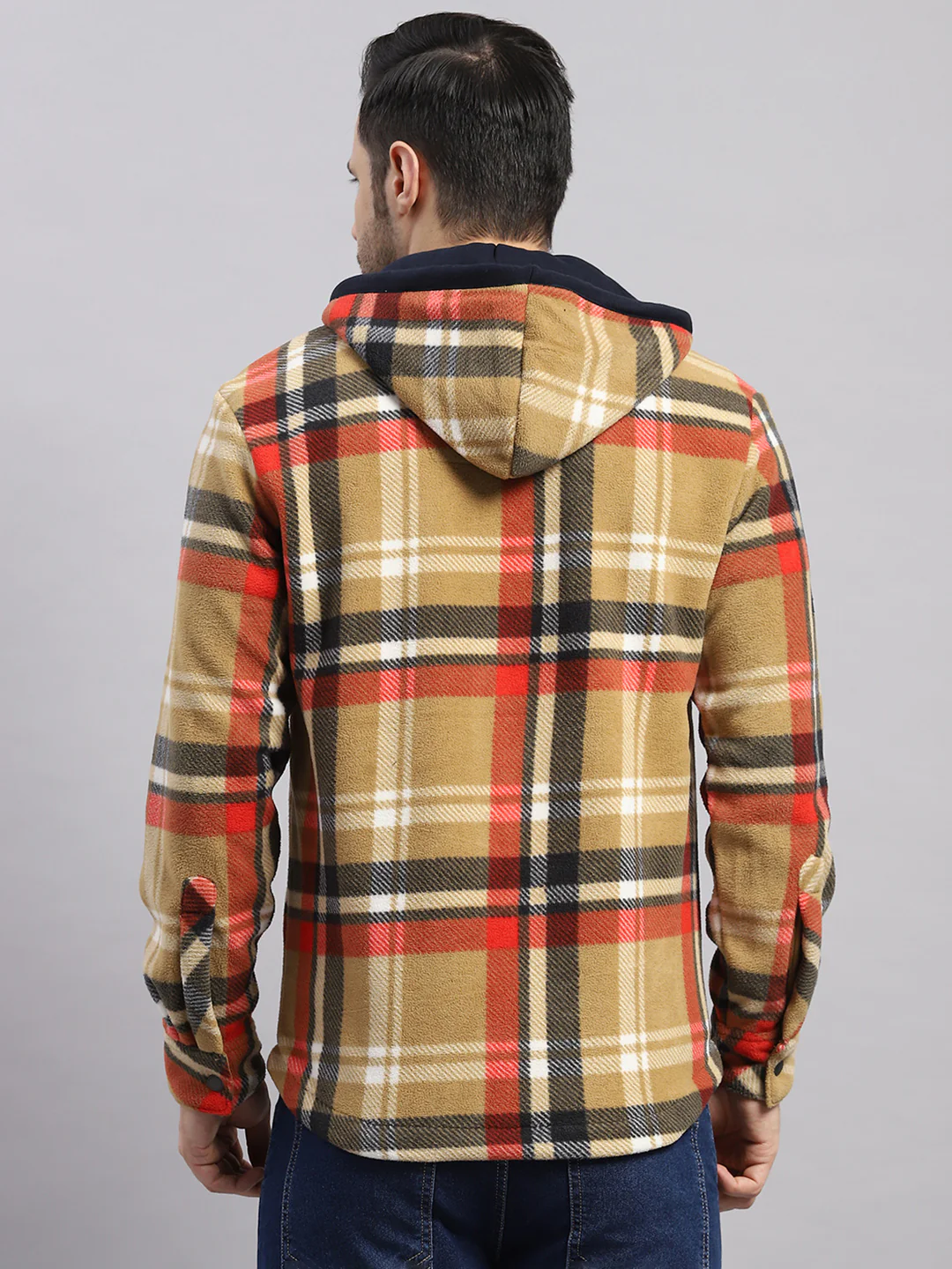 Men Khaki Self Design Hooded Extra-Warm Full Sleeve Shacket - Image 6