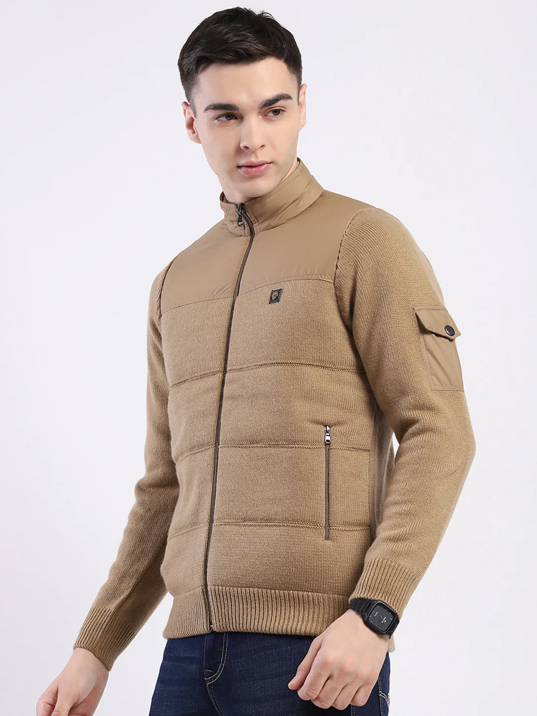 Men Khaki Self Design Mock Neck Full Sleeve Jacket - Image 3