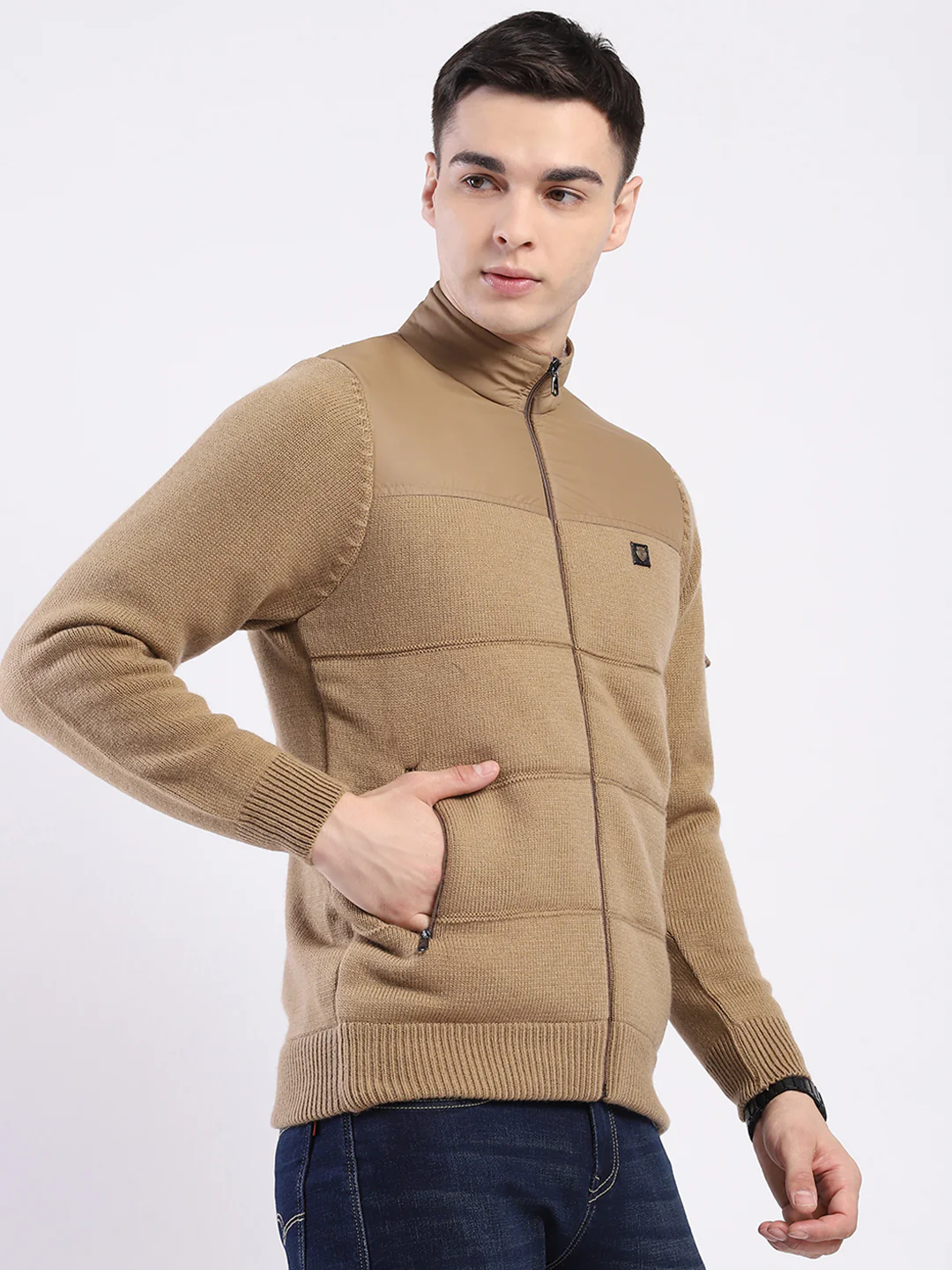 Men Khaki Self Design Mock Neck Full Sleeve Jacket - Image 4