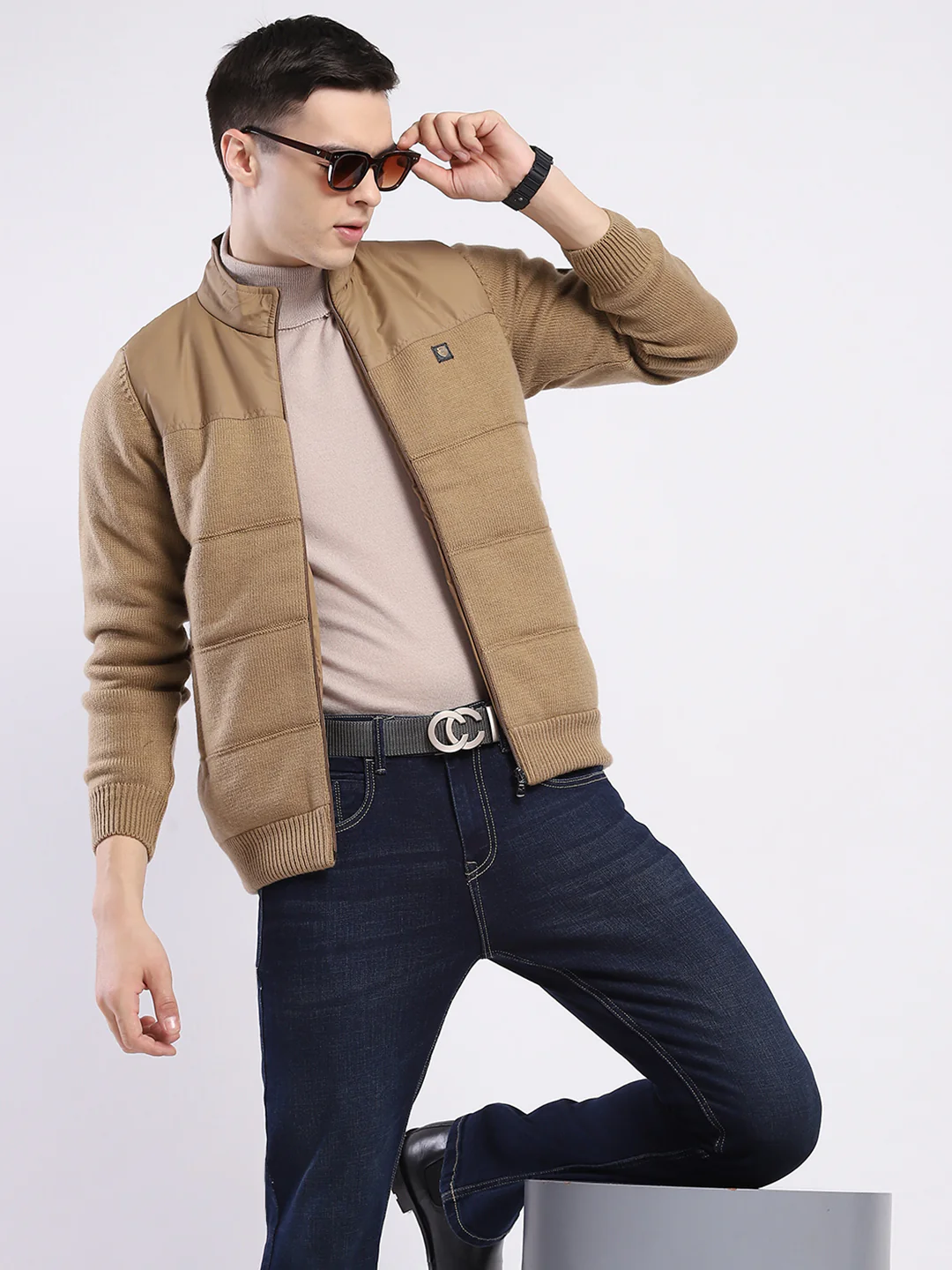 Men Khaki Self Design Mock Neck Full Sleeve Jacket - Image 6