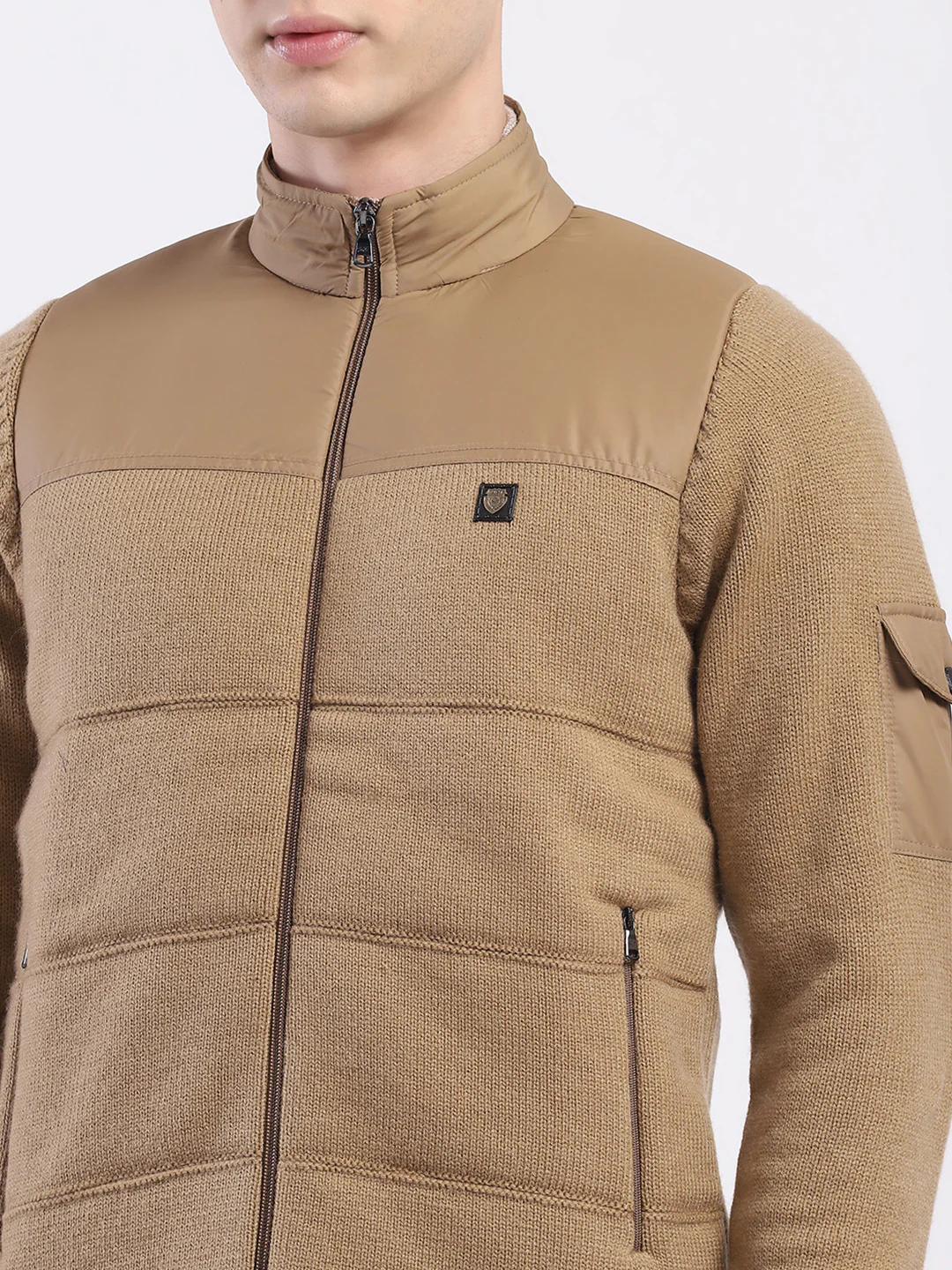 Men Khaki Self Design Mock Neck Full Sleeve Jacket - Image 7