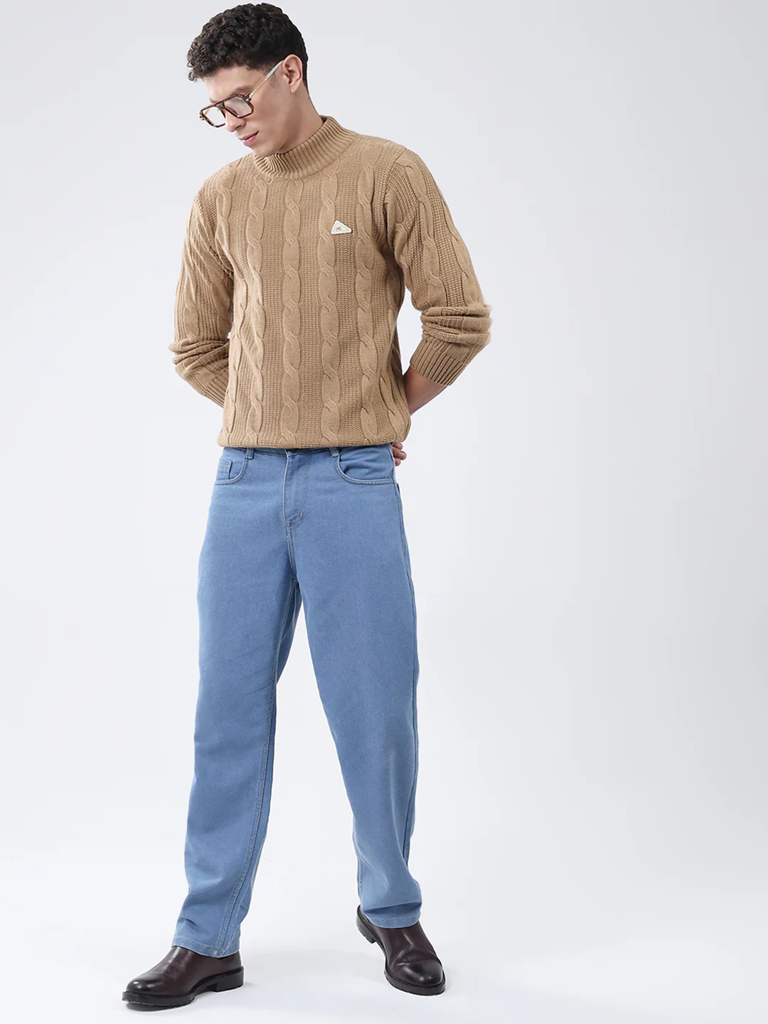 Men Khaki Self Design Turtle Neck Full Sleeve Pullover - Image 2