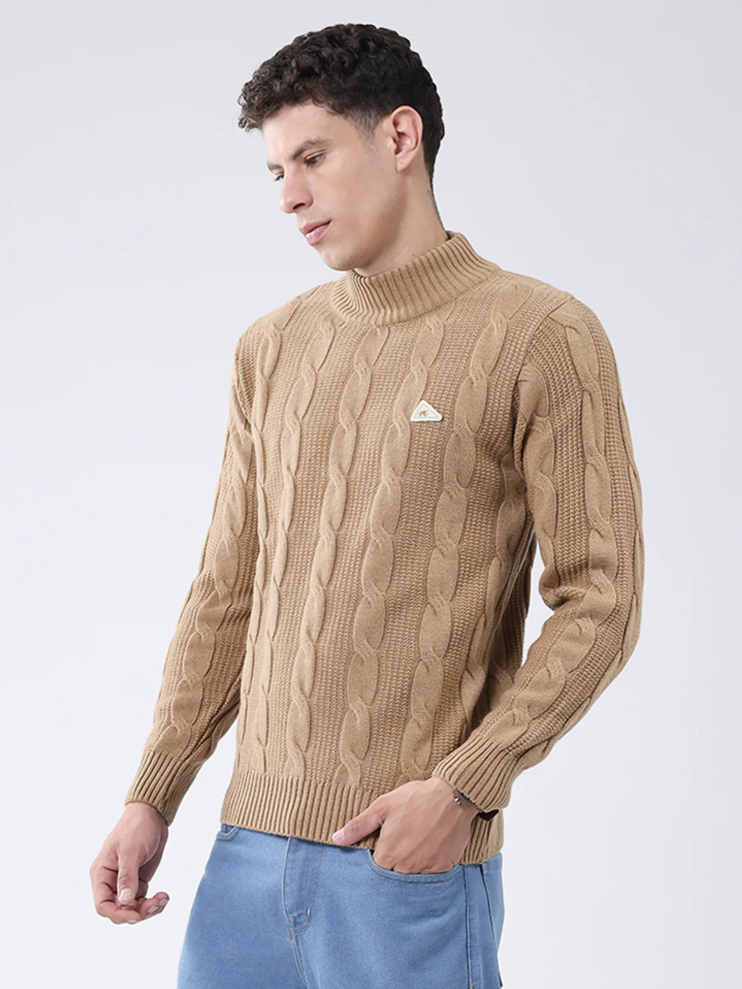 Men Khaki Self Design Turtle Neck Full Sleeve Pullover - Image 3