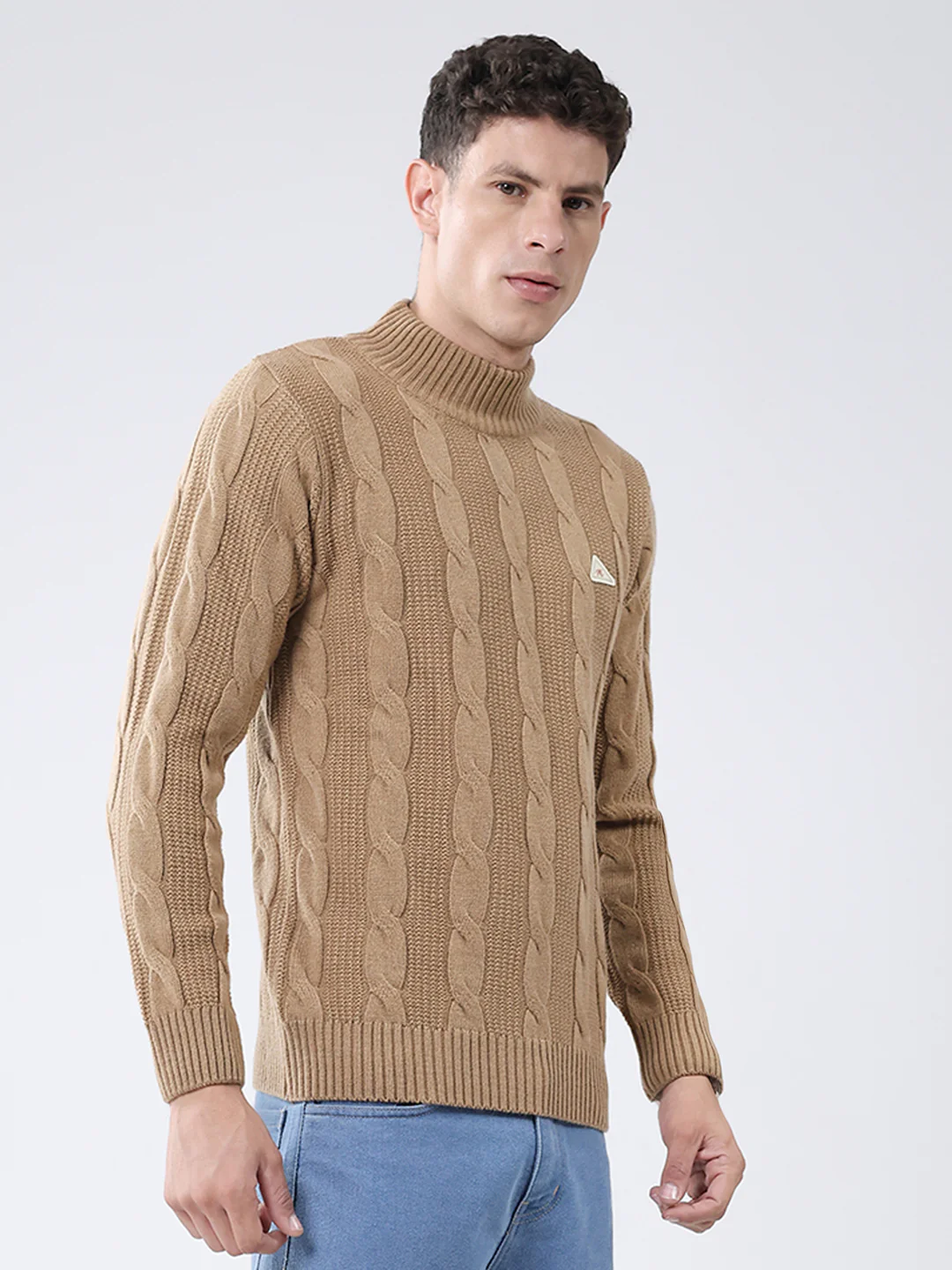 Men Khaki Self Design Turtle Neck Full Sleeve Pullover - Image 4
