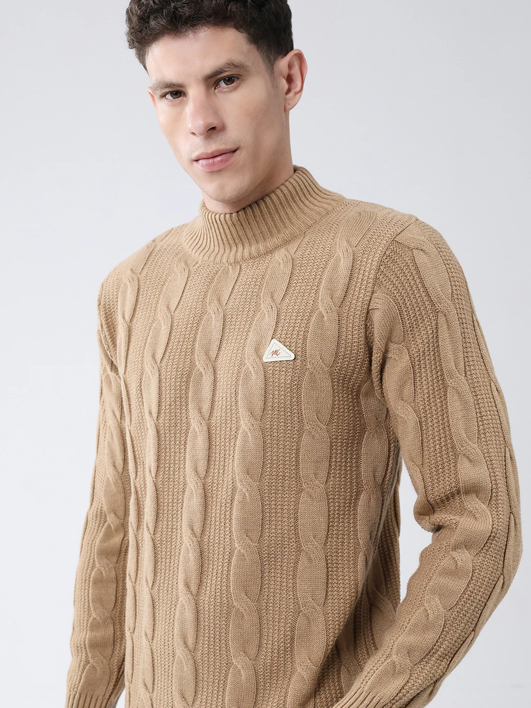 Men Khaki Self Design Turtle Neck Full Sleeve Pullover - Image 7
