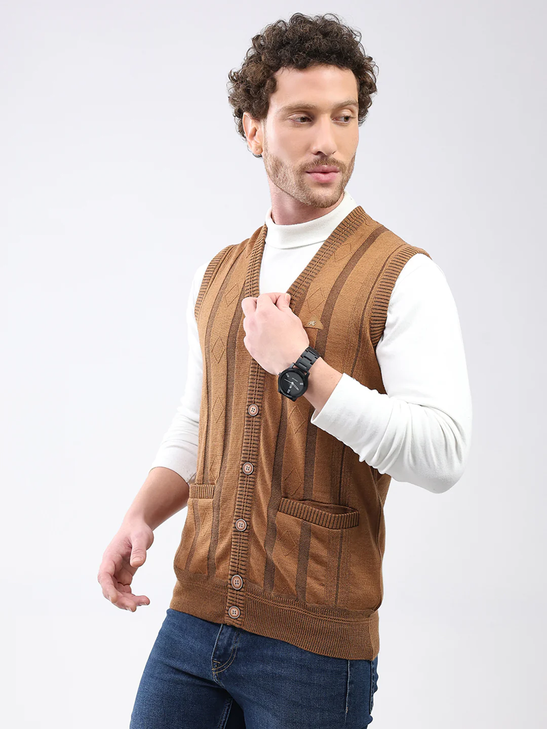 Men Khaki Self Design V Neck Sleeveless Cardigan - Image 3