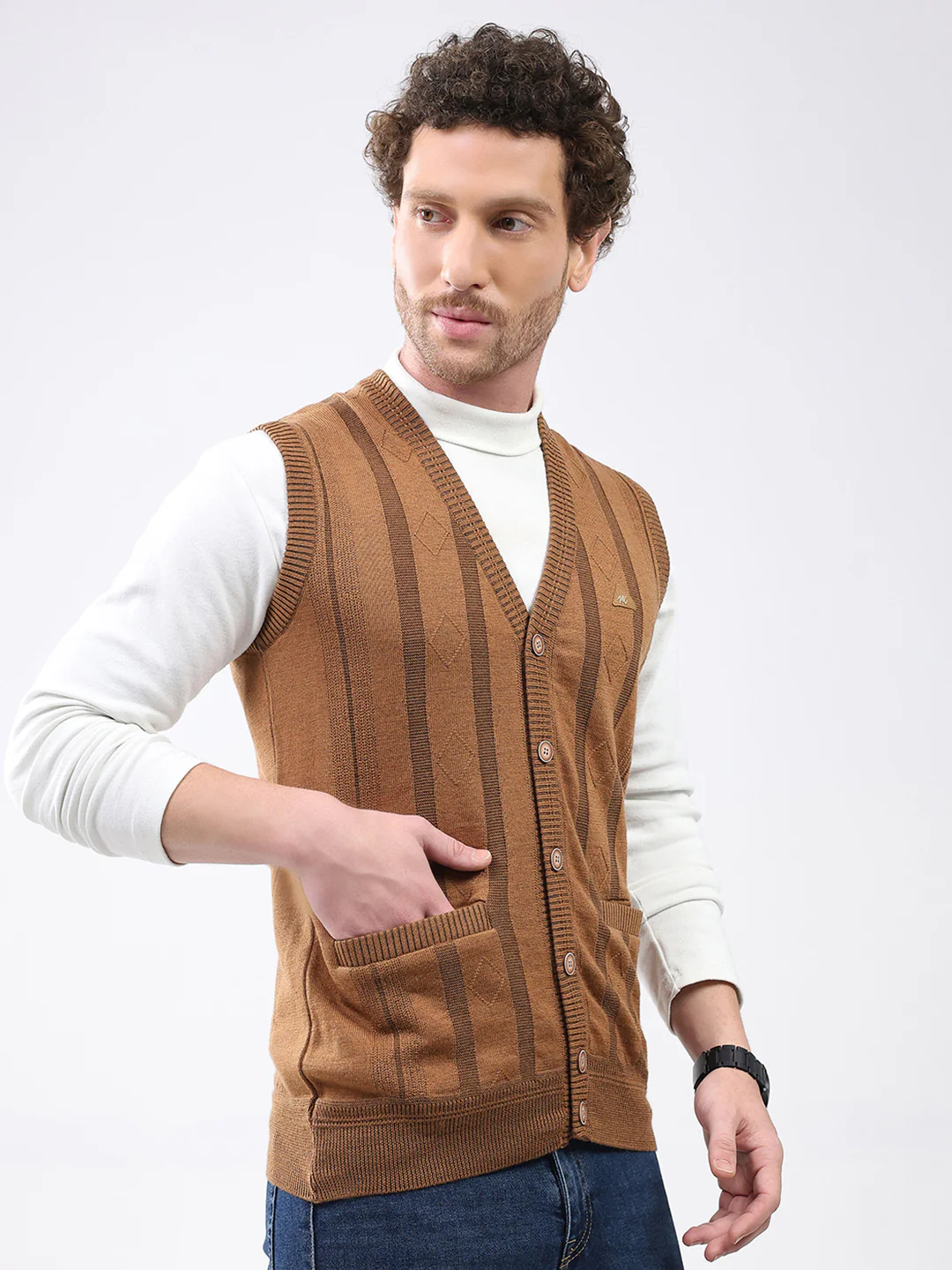 Men Khaki Self Design V Neck Sleeveless Cardigan - Image 4